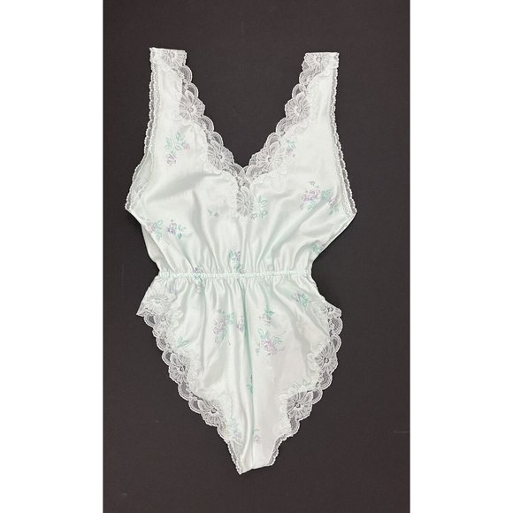 Vtg 80s 90s Miss Elaine Teddie Lingerie One Piece Deep V Neck Lace Teddy Sz M - Picture 3 of 12